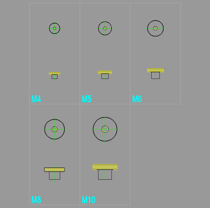 Bloque Autocad Juego varias medidas de TUERCAS MOLETEADA DIN 466 ALTA